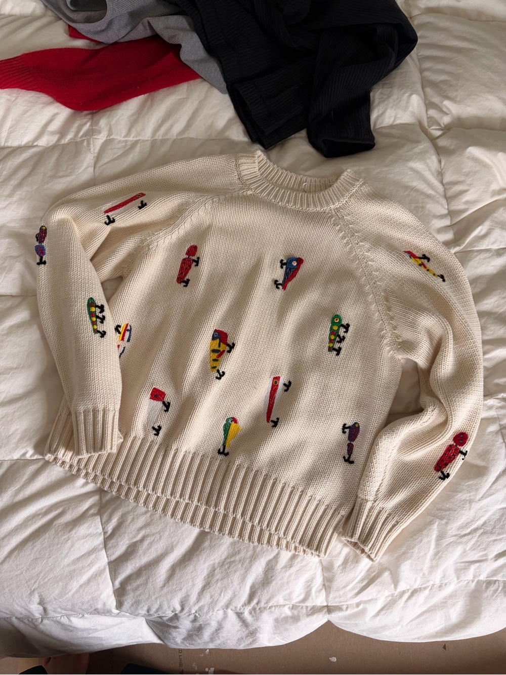MOTHER Cream Crewneck Sweater with Colorful Embroidered Lures